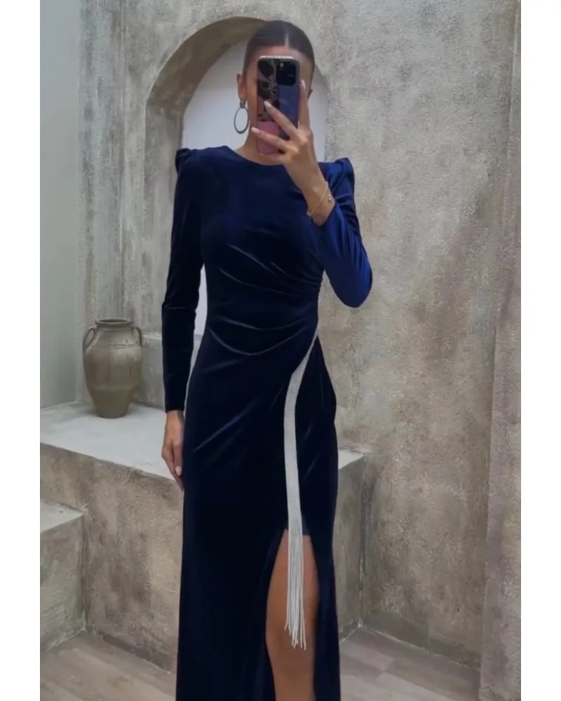 Mikydely Autumn New Slim With Slit, Long Sleeve And One-Line Collar Dress Elegant Evening Dress