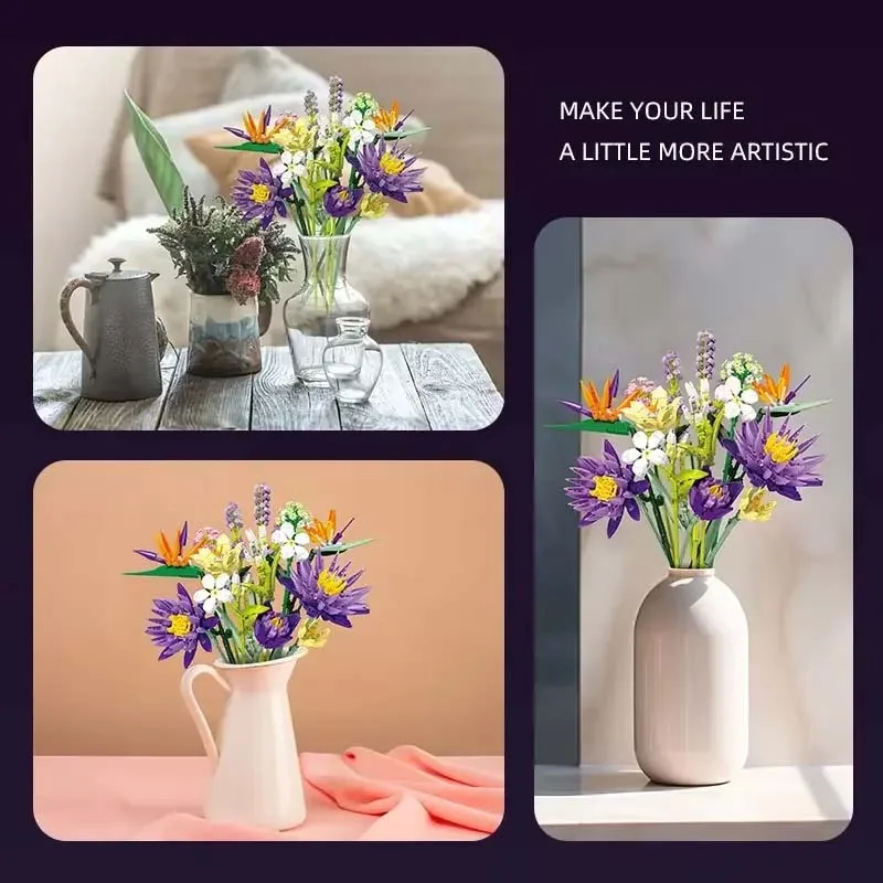 Bouquet de fleurs tropicales, jouets de construction, Mini bloc, Kit de modèles pour plantes, décoration en pot, cadeaux pour petite amie et décorations de vacances, 800 + pièces