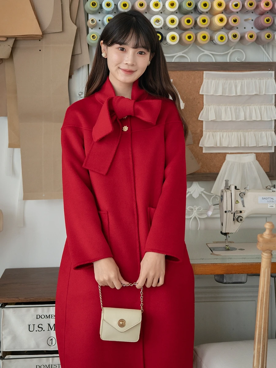 

Двустороннее шерстяное пальто Cisas Red Ele Knot из мохера, длинное, осенне-зимнее, новинка, женское.