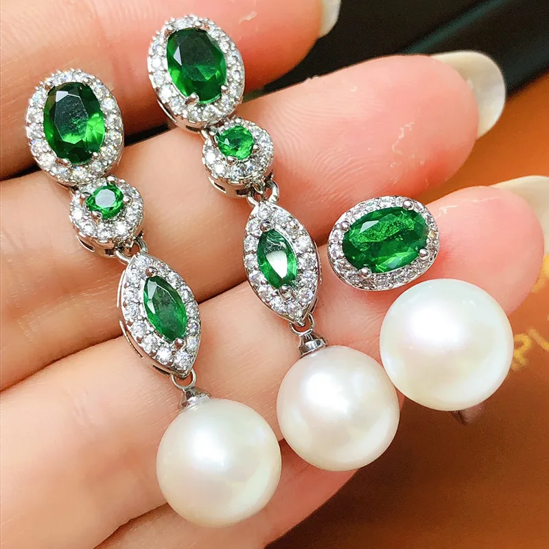 one set freshwater pearl white NEAR round 7-8mm chain necklace earring ring green zircon pendant