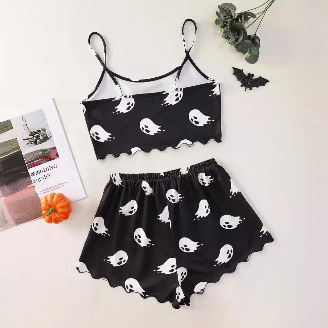 Women\'s Pajama Set Skeleton Skull Print Camisole Shorts Pyjama Female Sexy Sleevless Crop Elastic Homewear Sleepwear