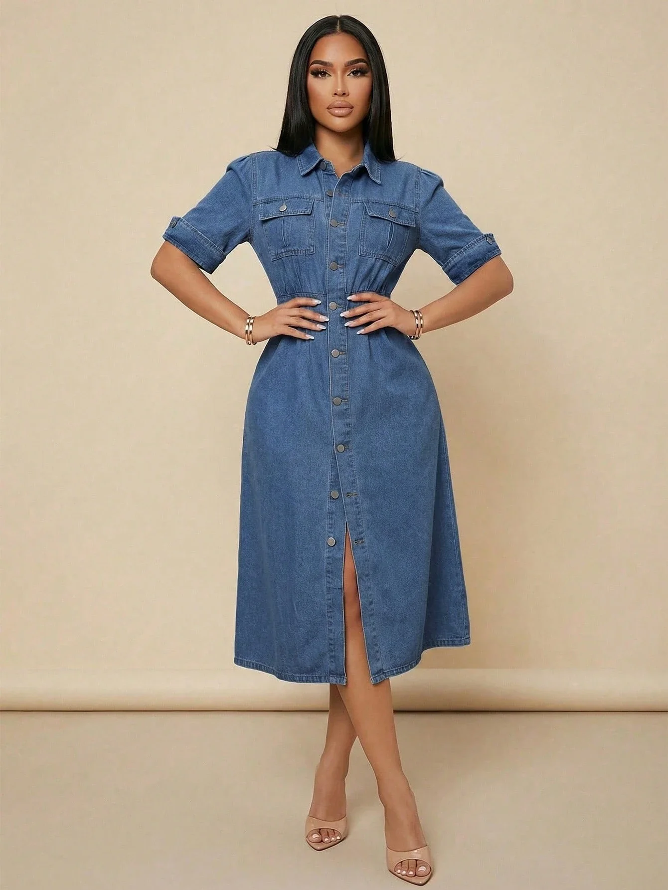 

Women's Denim Midi Shirt Dress With Button Front Chest Pockets Retro Casual Outdoor Dress