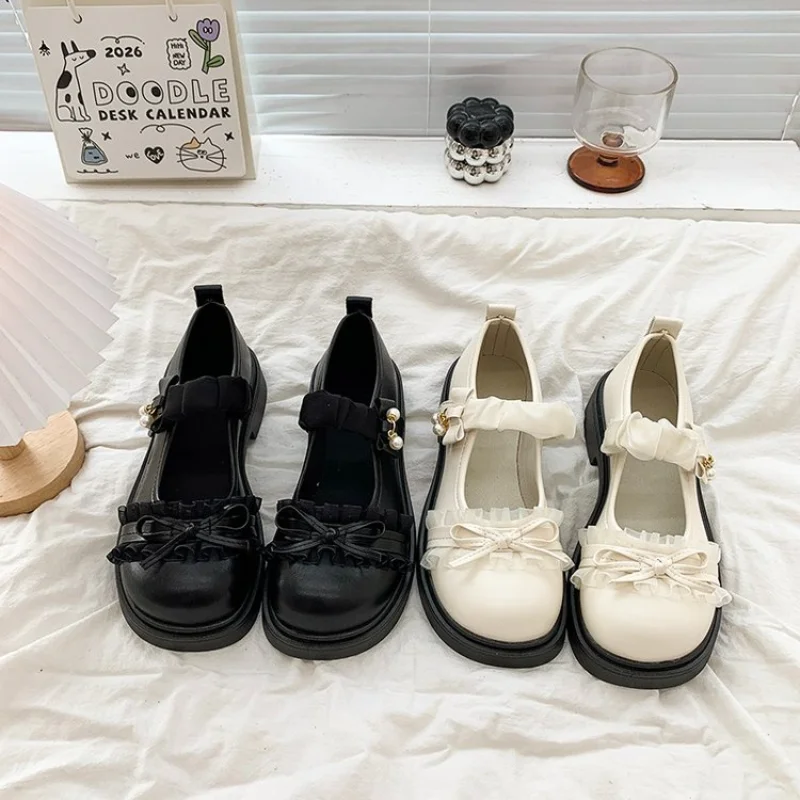 Ruffle Lace Pearl Bow Single Strap Platform Mary Jane Shoes,JK Academy, Light Lolita Soft Girl Chunky Height Increasing Shoes