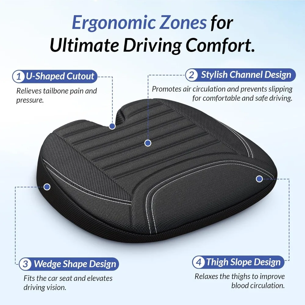Wedge Car Seat Cushion for Tailbone Pain Relief & Better Visibility, Ergonomic Memory Foam, Breathable Channel Design, Non-Slip, Fits Car SUV Truck