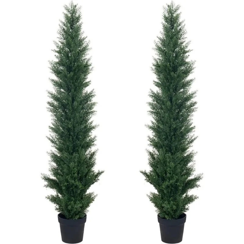 2 Packs 5ft Artificial Cedar Topiary Trees - Fake Boxwood Topiary Cypress Trees Potted Plants, Artificial Plants Shrubs