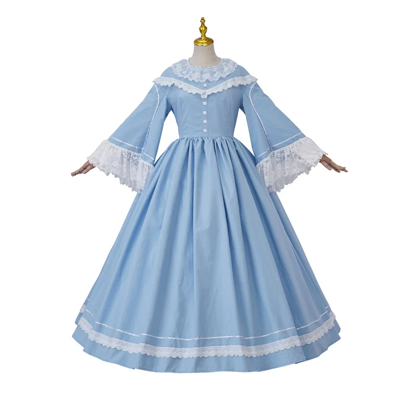 

Women Renaissance Contrast Color Lace Sleeve Pioneer Colonial Costume Prairie Civil War Dresses