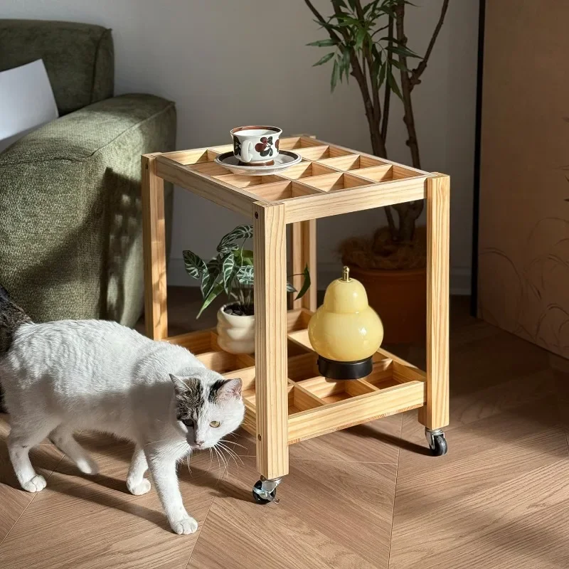 Movable storage cart with wheels, simple all-solid wood, living room, sofa side, log wind rack