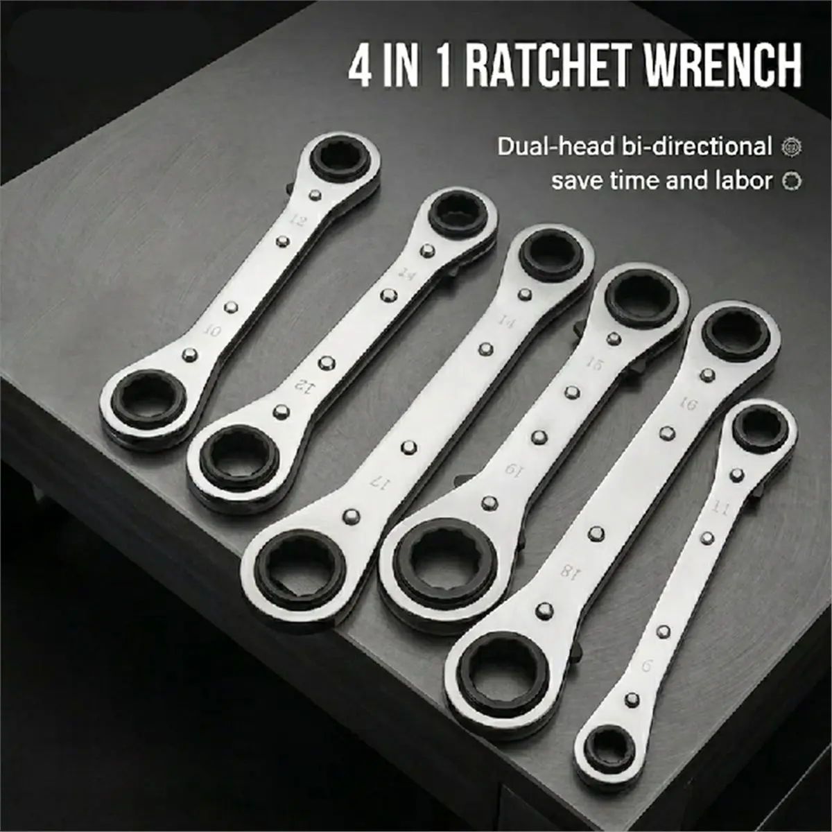 4-in-1 Quad-Size Ratchet Wrench Multi-Head Adjustable Socket Spanner Professional -V Steel Hand Tool 10-14