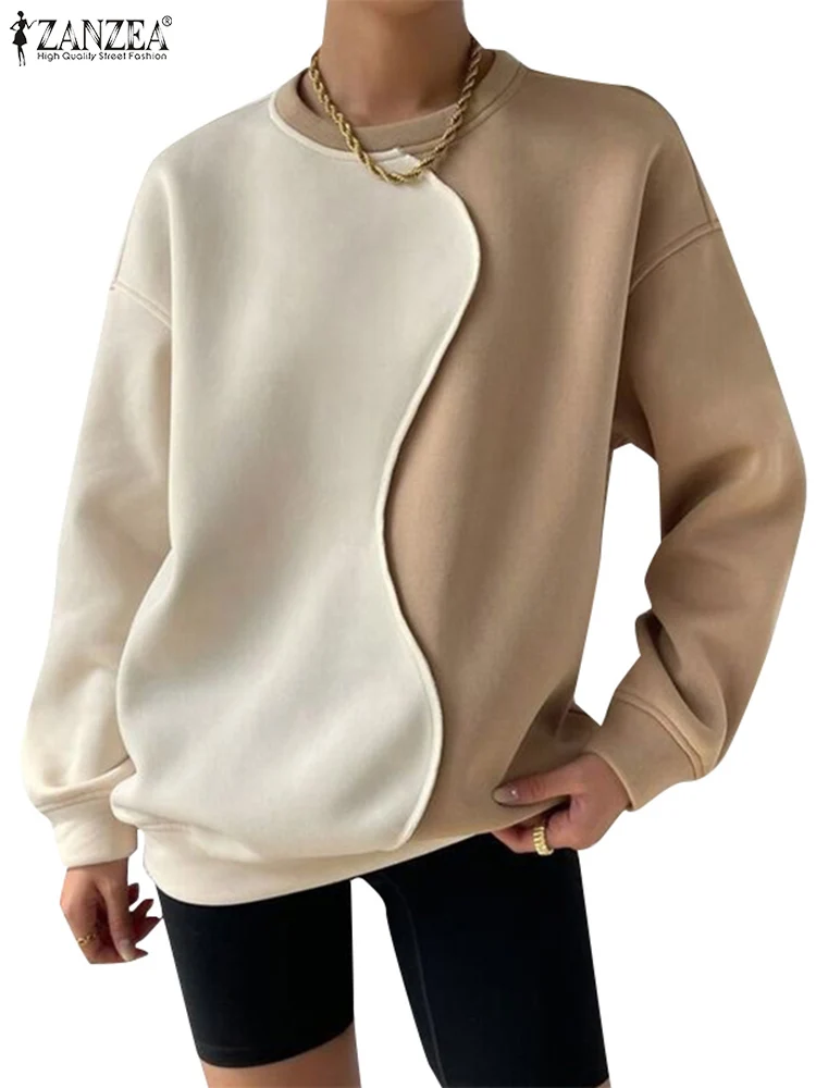 ZANZEA Frauen Street Fashion Sweatshirts Farbe Block Unregelmäßige Patchwork Langarm Hoodies Herbst Lose Beiläufige O Neck Pullover