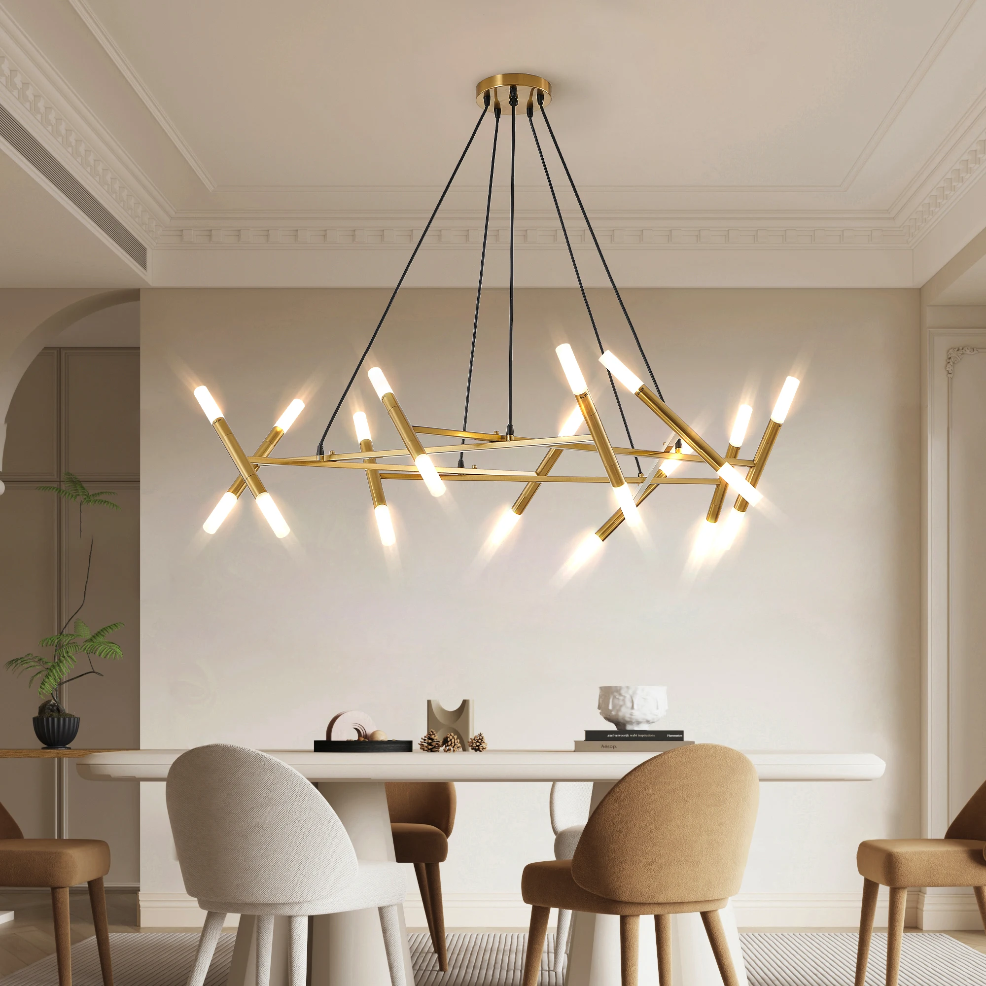 Golden Modern Chandelier Light , Branch Design with Frosted Tubes, Black Cords, Adjustable Height Pendant Light(No Bulb )