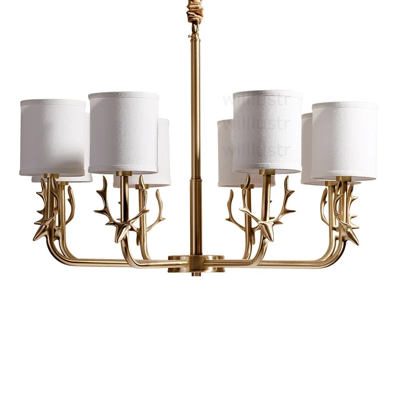 

Antler Copper Fabric Shade Pendant Lamp Brass Hanging Light American Country Bronze Ceiling Chandelier Suspension Lighting
