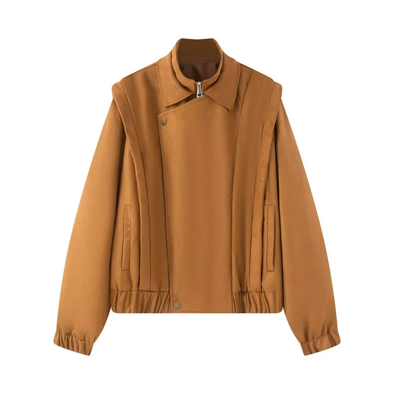 

2025New Autumn Women's Fashion European and American Style Retro Style Elegant Solid Color Turn-down Collar Suede Jacket