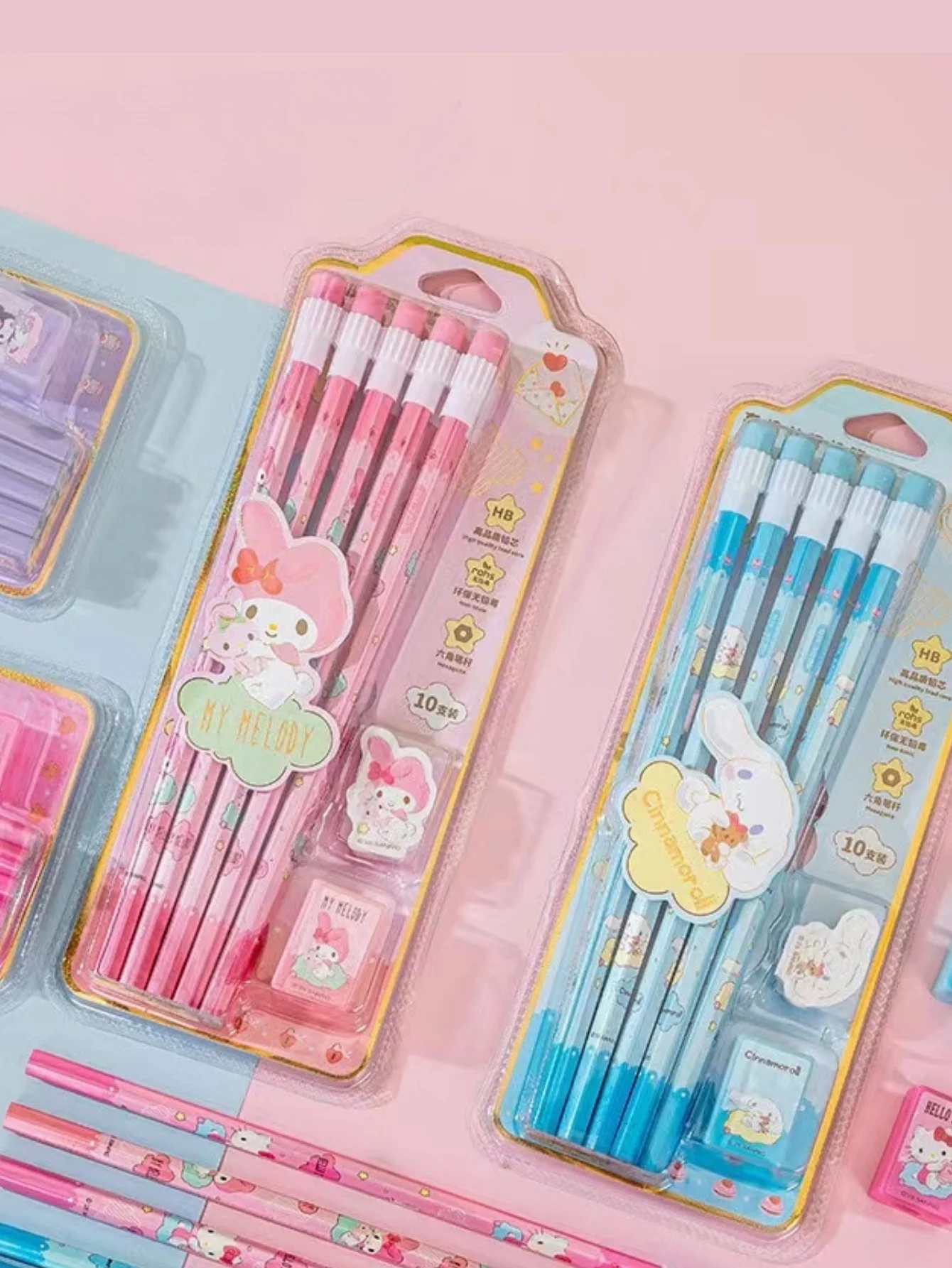 1/2sets Cartoon Hello Kitty Melody Kuromi Cinnamoroll HB Pencil Pencil Sharpener Sets Drawing And Sketching