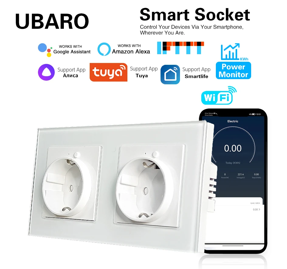 

Умная настенная розетка UBARO, умная USB-розетка с монитором закаленного стекла и функцией голосового управления таймером, подходит для Google Alexa