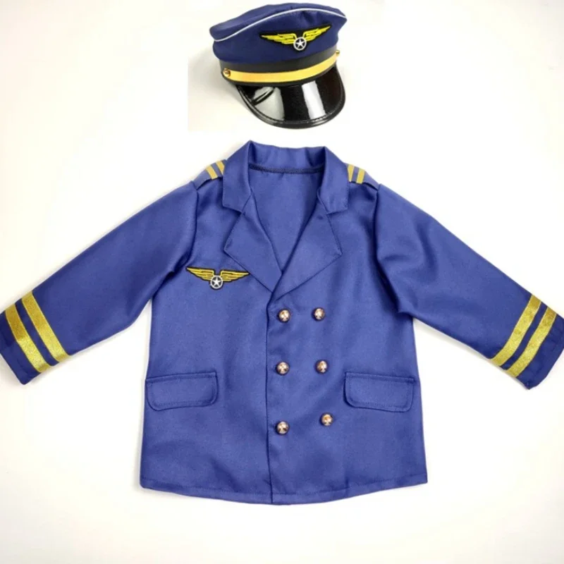 Children Kids Aircraft Captain's Uniform Cosplay Clothing Hat Set Pilot Clothes Boy Girl Birthday Gift Carnival Party Dress Up