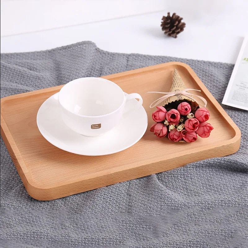 Beech Wood Serving Tray with Raised Edge for Fruit Snacks Appetizer Sushi Food Rectangular Round Platter Candle Holder Board