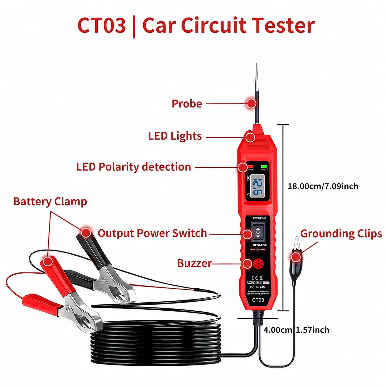 CT03 Car Circuit Tester 6-24V DC Digital LED Voltage Display Power Probe Automotive Electrical Test Tool