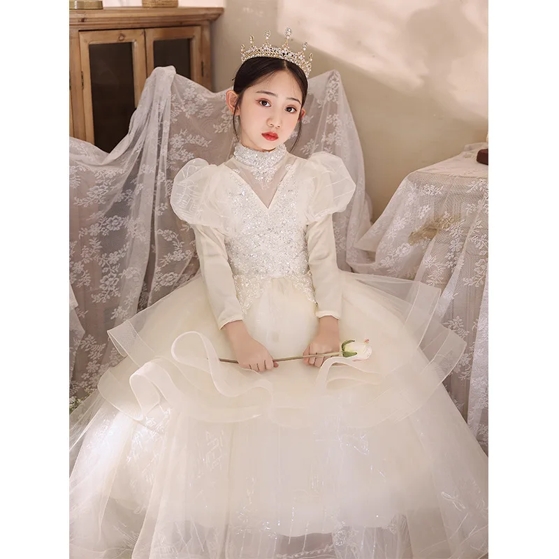 Girls' Evening Dress High-end Flower Girl Wedding Little Girl Puffy Princess Dress Children's Host Piano Performance Dress Sprin