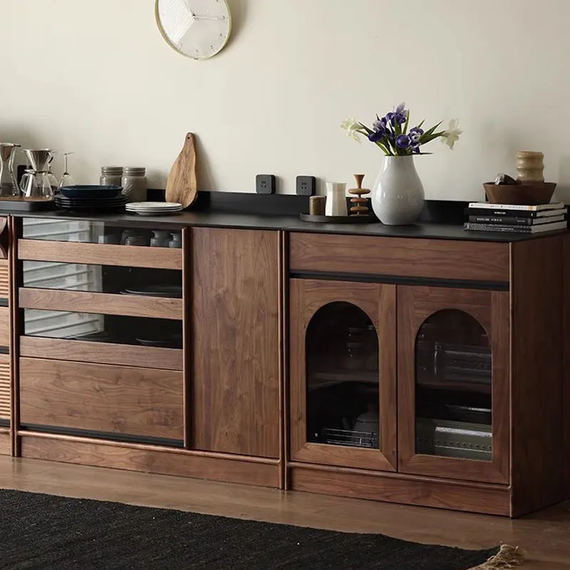 North American Black Walnut Side Cabinet Vintage Restaurant Solid Wood Slate Storage Cabinet Power Track Japanese Tea