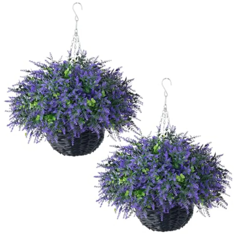 

Искусственные подвесные корзины с эвкалиптом и лавандой, 2 штуки - Набор реалистичных искусственных подвесных растений для улицы, имитация листьев эвкалипта