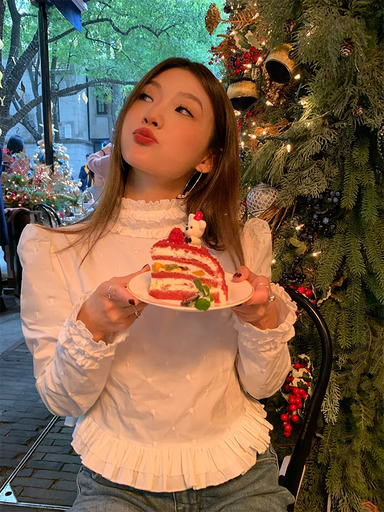 

White Long Sleeve Shirt Women's Autumn Winter Design Sense Crew Neck Pullover Inner Wear Cotton Pure Color Slim Fit French Style