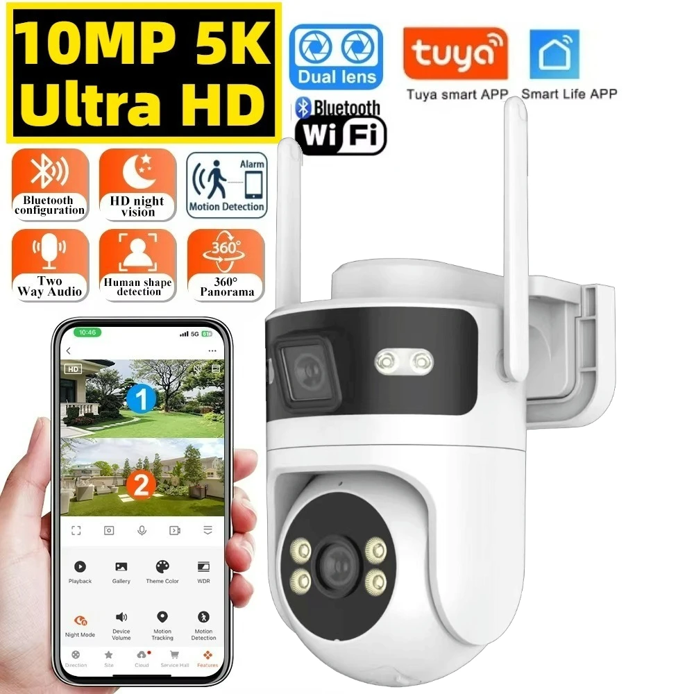 

5K 10MP Tuya Dual Lens PTZ WIFI Camera Full HD Dual Screen Ai Human Auto Tracking Outdoor 4K Security Video Surveillance Camera