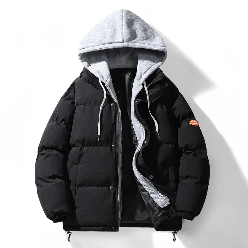 Autumn Winter Men's Fake Two Pieces Hooded Padded Jacket Large Size Loose Fashion Casual Thickened Cold Proof Warm Wadded Jacket