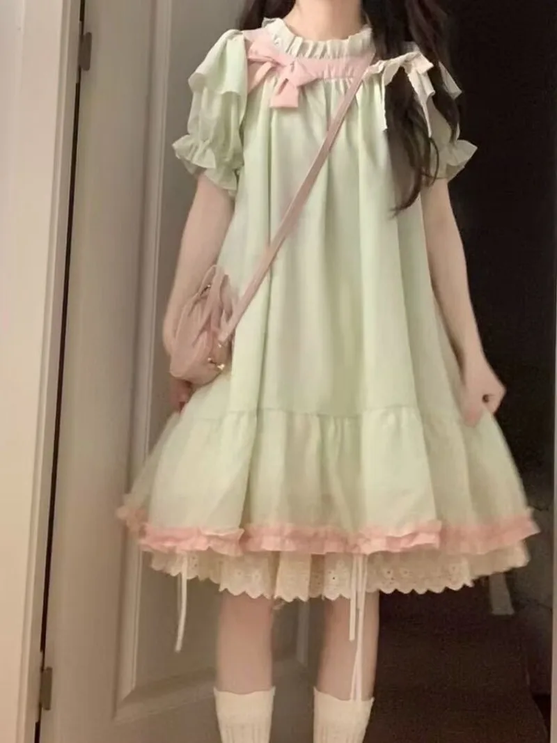 

Sweet College Style Pink Bow Spliced Dress for Women Summer Loose and Cute Student Mini Dresses Fresh Chic Women Clothing 2026