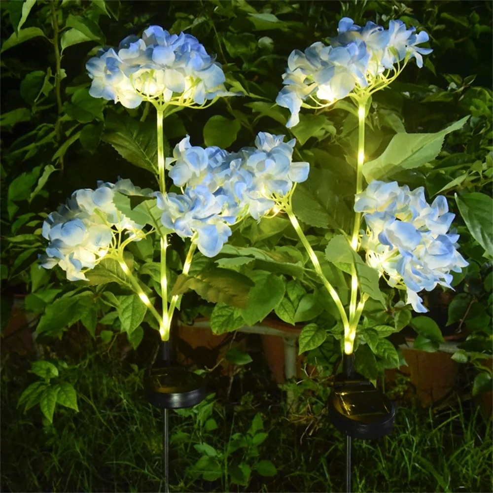 Holiday Decor Outdoor Solar LED Lawn Lamp Garden Summer Home Weddig 3 Heads Artificial Hydrangea Flower Landscape Ground Lights