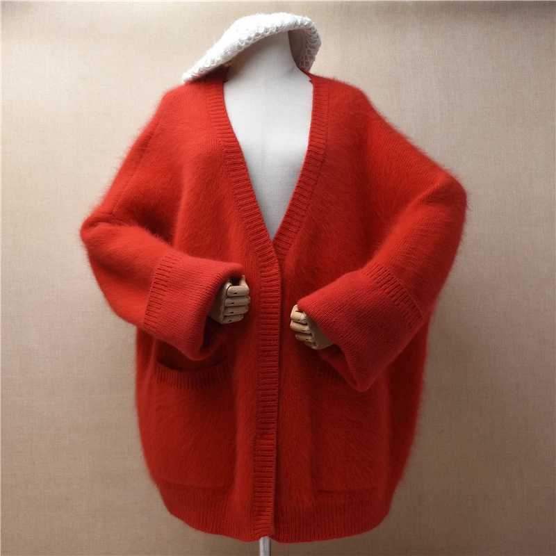 Ladies Women Fall Winter Clothing Red Thick Hairy Mink Cashmere Knitted V-Neck Long Sleeves Loose Cardigans Angora Sweater Coat