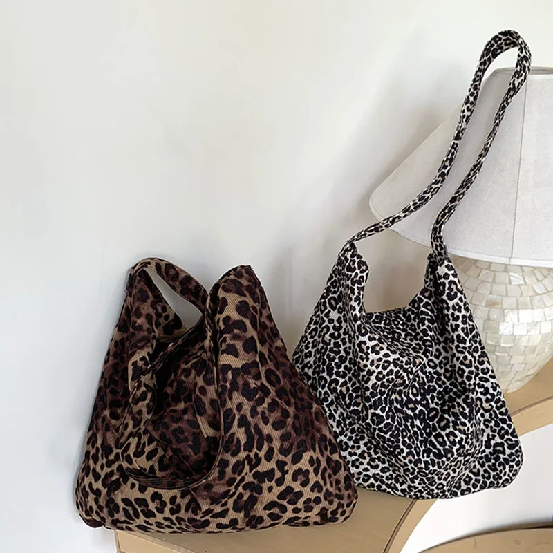 

Corduroy Leopard Print Shoulder Bag Canvas Large Capacity Tote Bag for Commute Casual Lazy Style Fashion Women Purse Storage