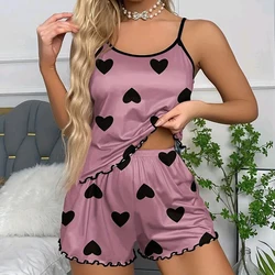 Two-Piece Suit Women Pajamas Sleepwear Pajama Set Camisole Shorts Pink Blue Heart Print Ice Silk Comfortable Casual Homewear