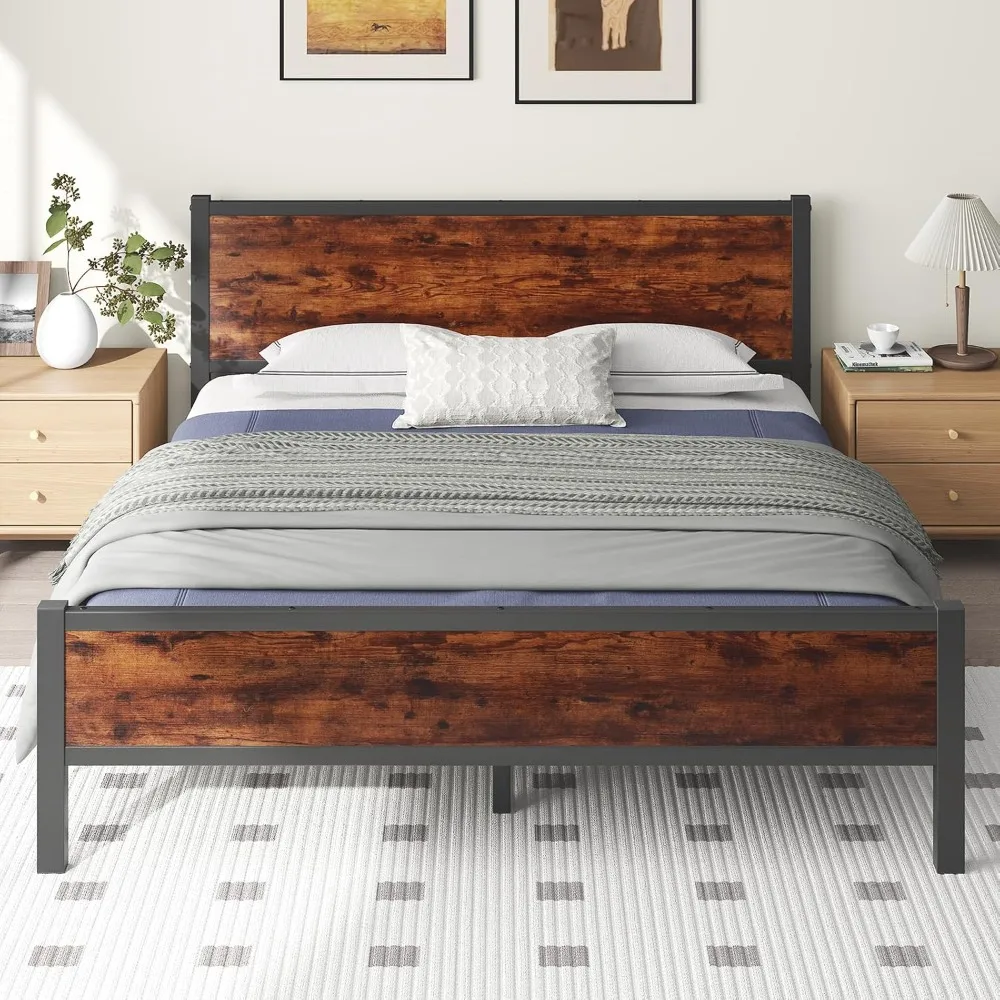 

Bed Frame with Wood Headboard, Platform Bed Frame with Wood Slats,All-Metal Support System,Large Under Bed Storage