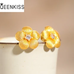 QEENKISS Gold Flower Stud Earrings For Women Female Wedding Party Birthday Christmas Bride Mother Girlfriend Lady Gifts EG5467