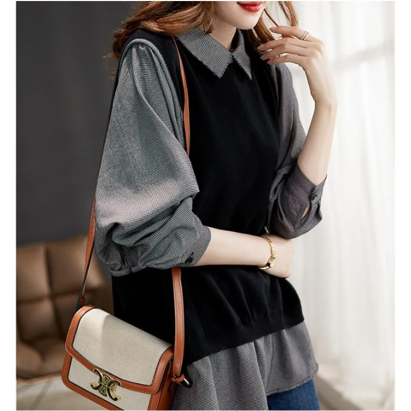 Women Fake Two Piece Knit Vest Plaid Shirt Long Sleeve Loose Elegant Daily Commuter Blouse Tops