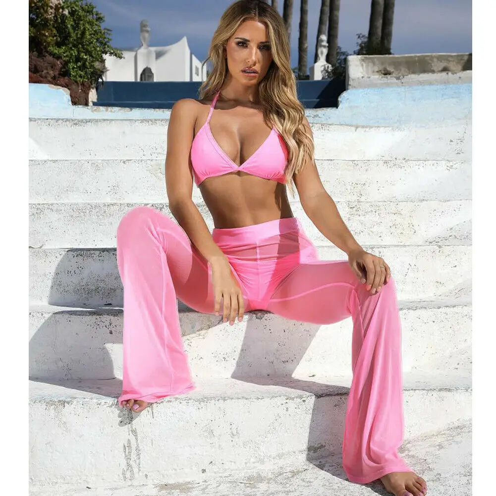 Nieuwe Sexy Ruffle Vrouwen Strand Mesh Broek Sheer Been Broek Transparant See Through Cover Up Bikini Broek Pantalon Hot S-XL