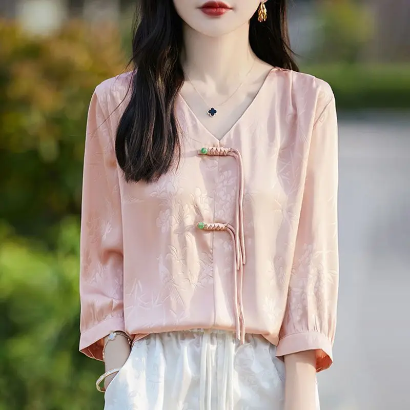 

Chinese Style Disc Button Satin Short-sleeved Shirt New V-neck Temperament Versatile Pullover Top Traditional Clothing Modern