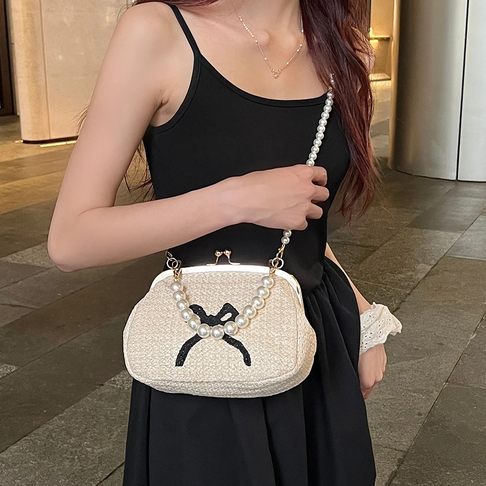 

Woven Women Straw Bag Beach Handbag Purses with Pearl Chain Strap Shoulder Bag Fashion Creative Crossbody Bags Ladies Handbags