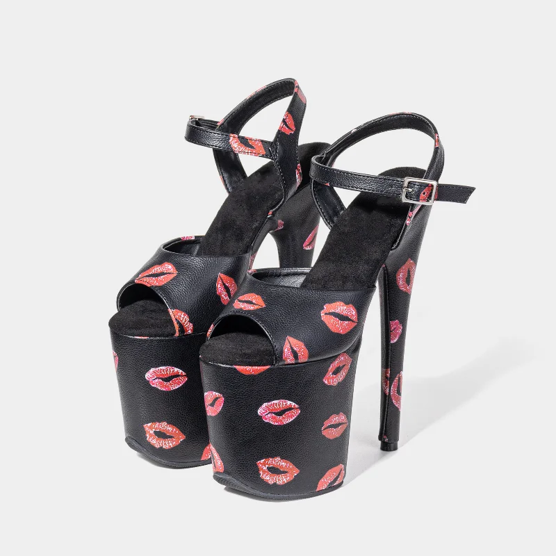 

20CM Super High Heel Buckle Strap Women Sandals Sexy Red Lip Print Waterproof Platform Models Shoes Open Toe Pole Dance Shoes