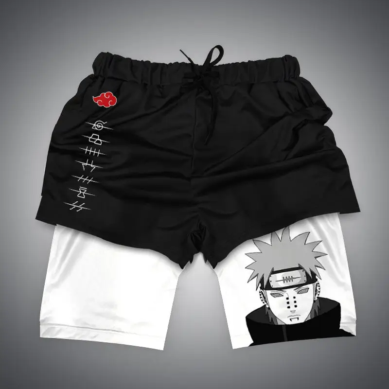 2025 verão novos shorts esportivos masculinos americanos naruto anime impresso dupla camada de fitness correndo shorts secagem rápida algodão curto