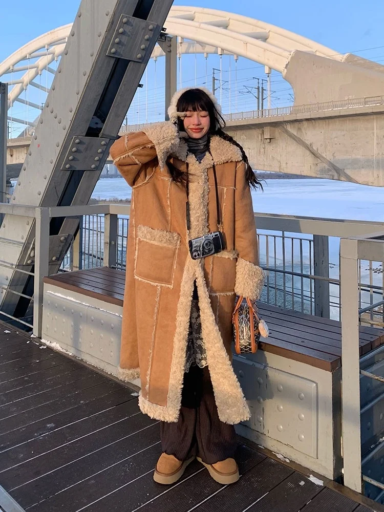 

Корейское утепленное длинное пальто из овчины, теплая верхняя одежда, модная шерстяная куртка, женская хлопковая одежда, зимнее пальто