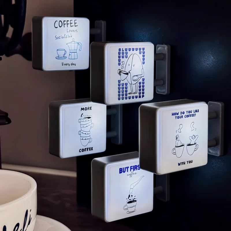 Korean Hand Drawn Coffee Life Fridge Magnets Coffee Machine Coffee Corner Miniature Suction Luminous Light Sign Simple Gifts Toy