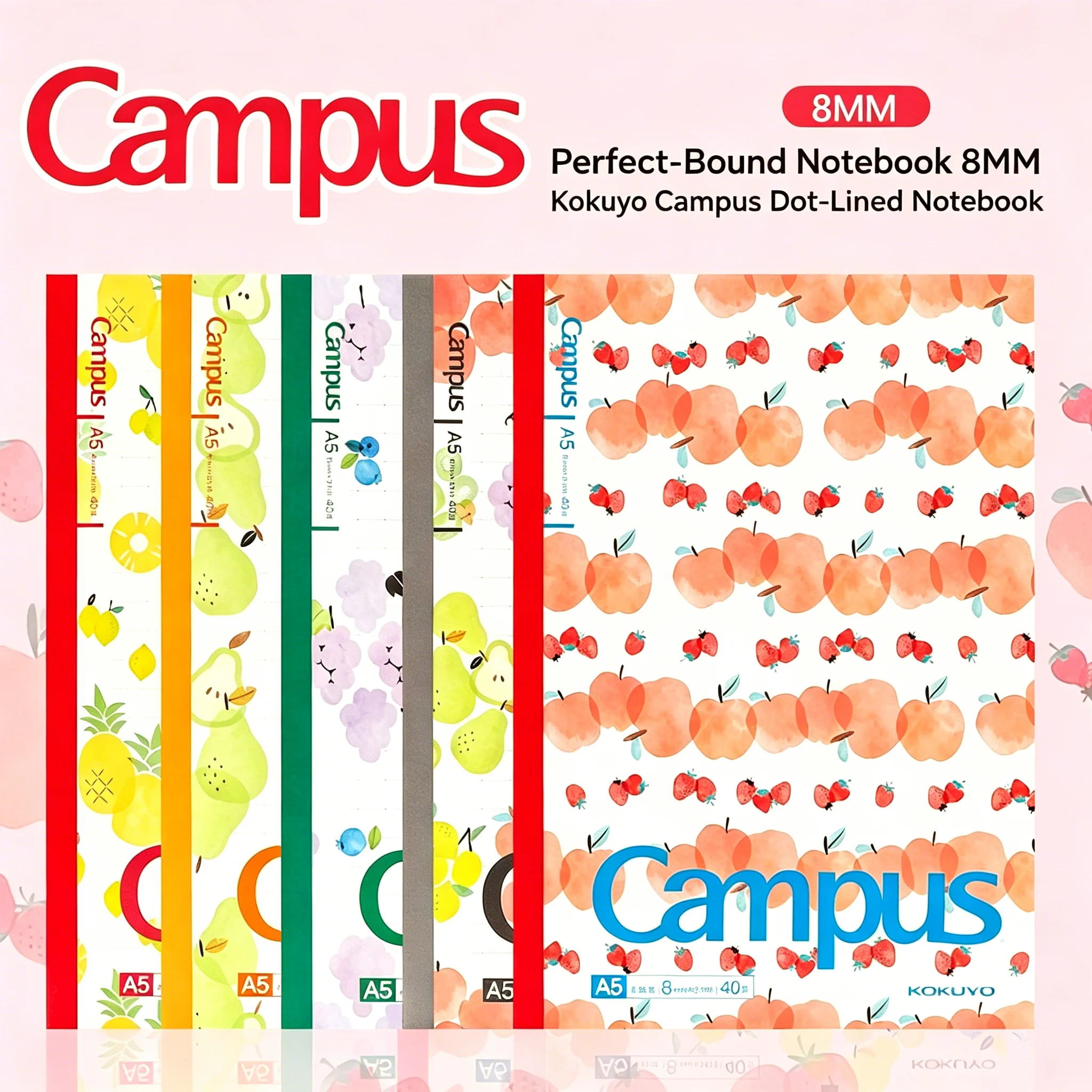 KOKUYO Campus A5 Notebook, 8mm Dot-Lined Ruled, 40 Pages, Fruit Series Design, Lay-Flat Perfect-Bound Notebook for School, Colle
