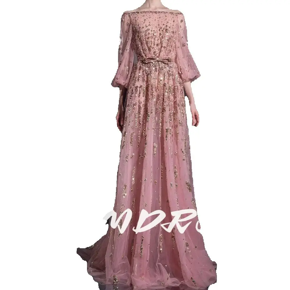 Gouden Pailletten Geborduurde Luxe Avondjurk Delicate Off-the-shoulder Aangepaste Vrouwen Prom Gown Klassieke A-lijn Feestkleding - afbeelding 2