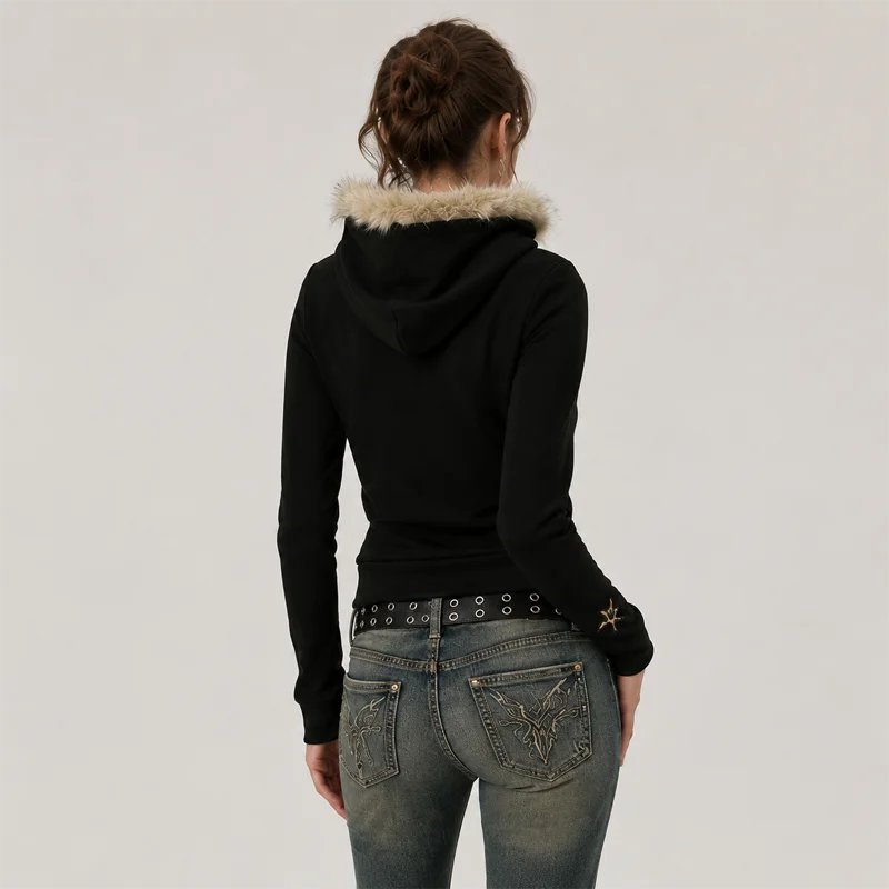 Women Slim Fit Zip Hoodie Faux Fur Collar Sweatshirt Y2K Fashion Streetwear Casual Long Sleeve Hooded Jacket - view 2
