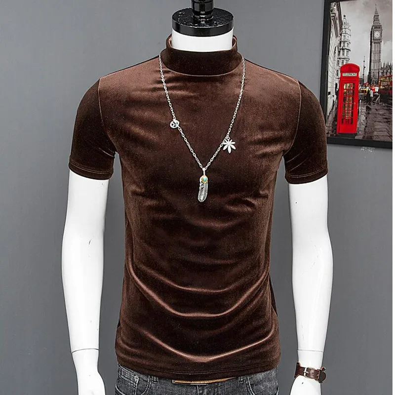 Korean Fashion Men Short Sleeve velour T Shirts plus size Hip Hop tops Tees Fitness Turtleneck velvet Tshirt 6XL 7XL clothing