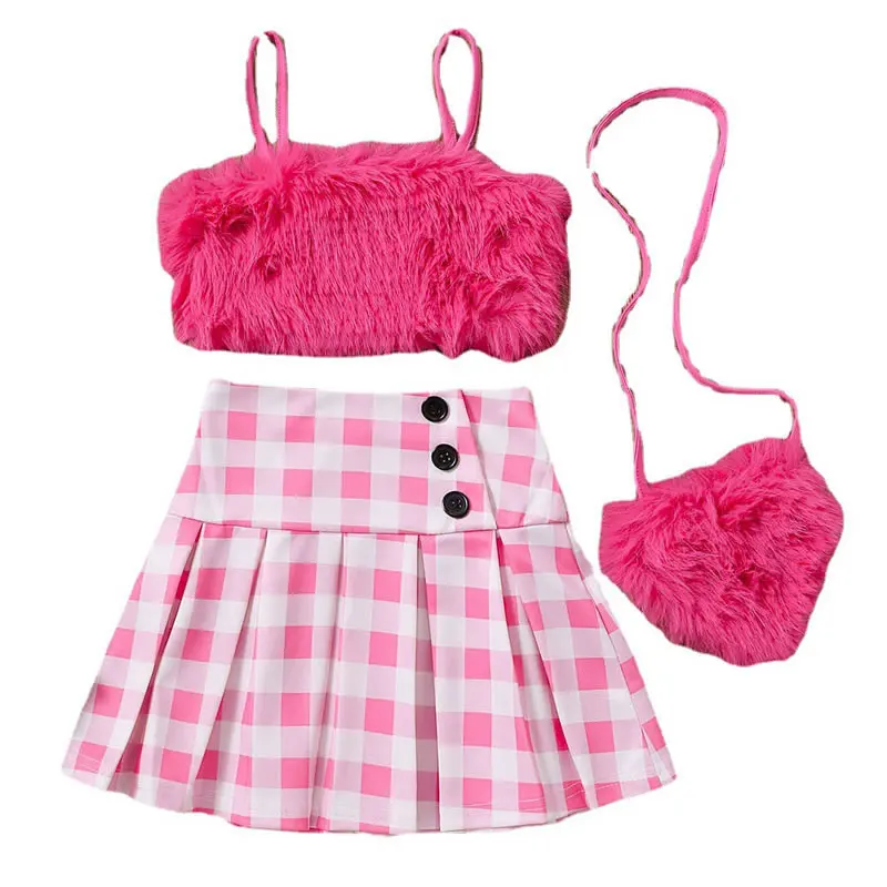 

Fashion Baby Girl Faux Fur Set Christmas Kid Sling Top+Plaid Skirt+Bag 3pc Outfit Children Tracksuit Clothes