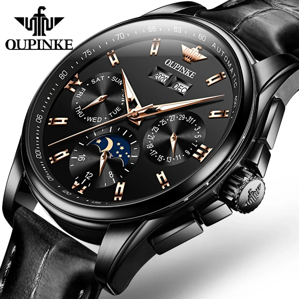 Oupinke 3189 Topmerk Luxe Horloge Voor Mannen Chronograaf Automatische Mechanische Polshorloge Lederen Band Waterdichte Maan Fase Klok