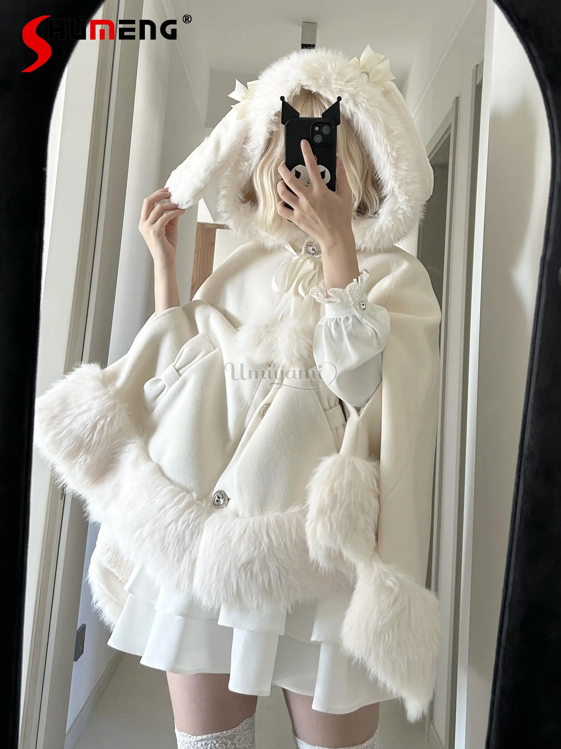 

Japanese Style Cute Mine Mass-produced Capes Bow Love Button Rabbit Hooded Cloak Autumn and Winter Warm Thickened Lolita Jacket