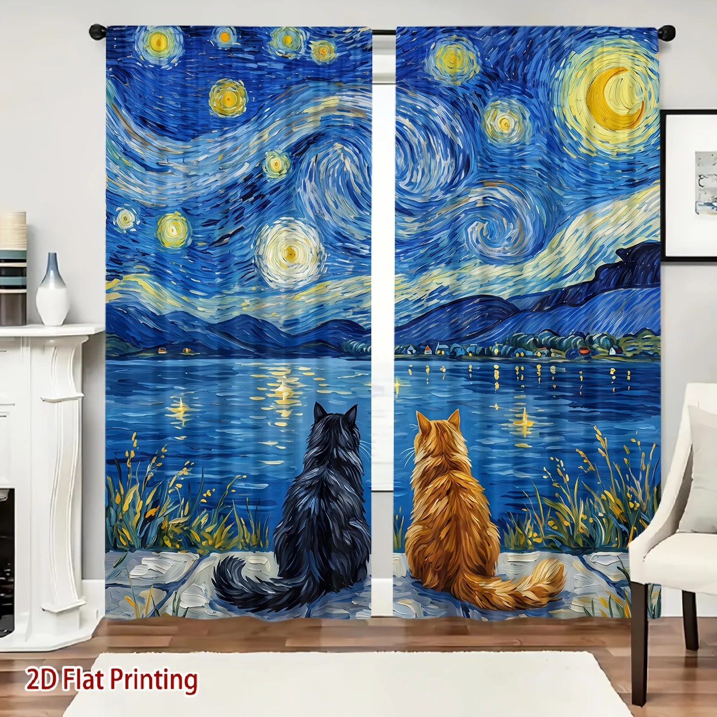 Art Painting Curtain Panels, Starry Sky Moon Lake Back‑view Cat Oil Painting Pattern Drapes for Study Room Home Decor